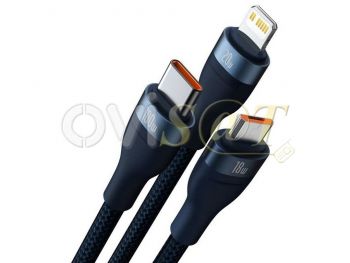 Cable de carga rápida azul Baseus CASS030103 3 en 1 100W con conector USB Tipo A / Tipo C a conectores Lightning, Micro USB y USB Tipo C , 1.2 m longitud, en blister